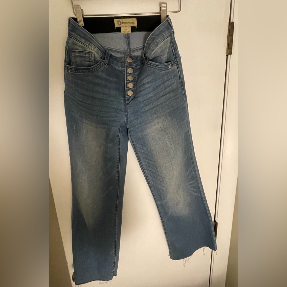 Democracy Button Fly High Waisted Distressed Jean